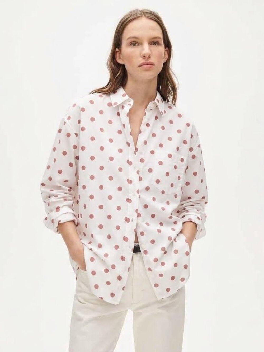 J Crew NWOT Relaxed Cotton Poplin Shirt Sz 8 White/Rose Dot Minor Flaw